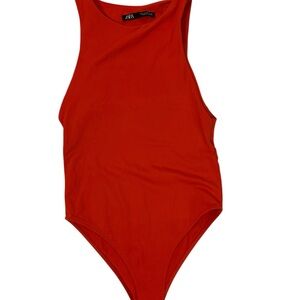 ZARA Orange High Neck Bodysuit Sleeveless Stretch Fitted One Piece Small